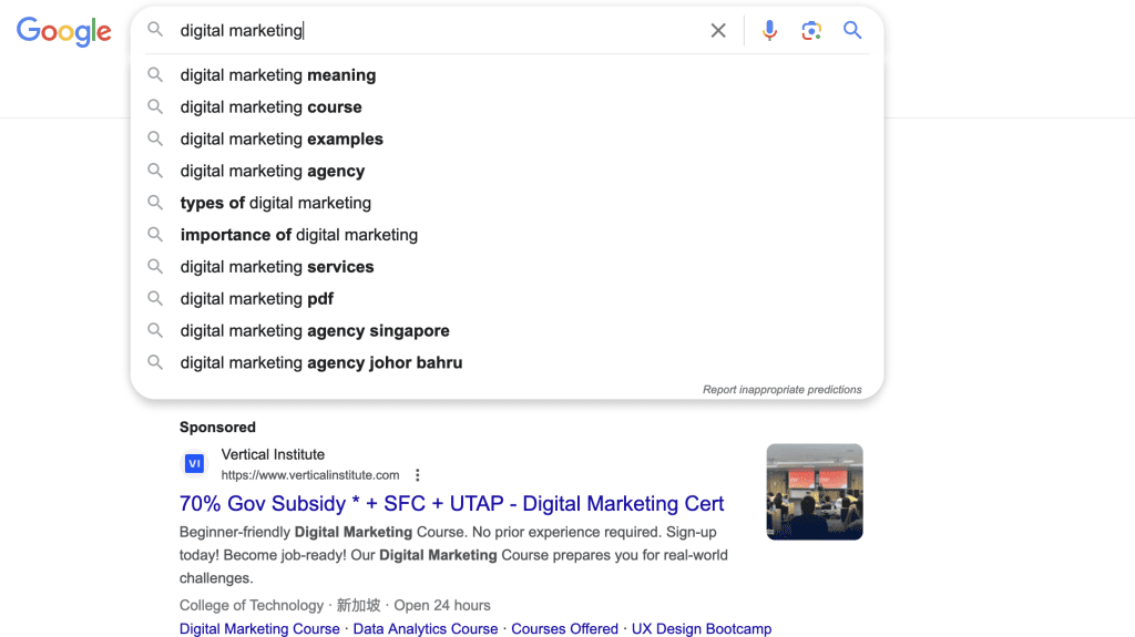 For the primary keyword "digital marketing," exploring autocomplete might reveal variations like "digital marketing meaning" or "digital marketing course."